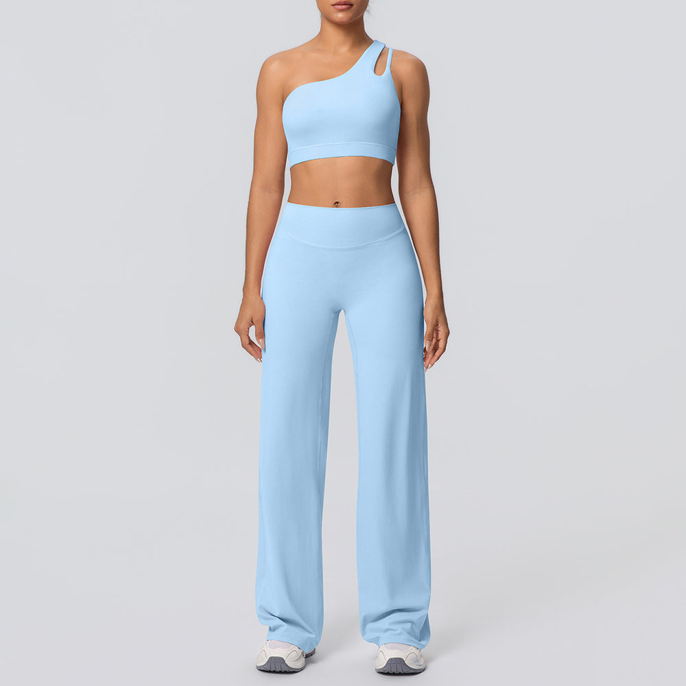 Cloud-feel casual one-shoulder racerback high-waisted butt-lifting straight-leg wide-leg activewear yoga set for women - perfect for outdoor running and fitness
