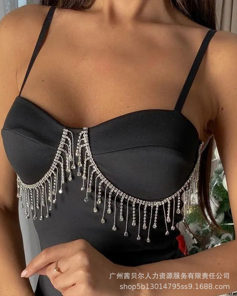 Spot 2022 European and American new fringed rhinestone suspender tight skirt