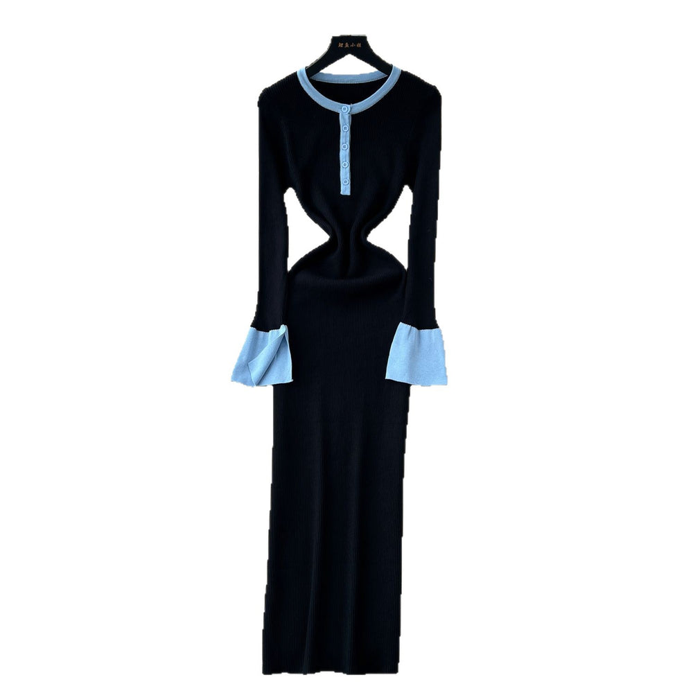 Frenchretrofashionablecontrast color round neck slit long sleevesknittingdress women's autum waist slimming look bottom long skirt