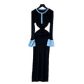 Frenchretrofashionablecontrast color round neck slit long sleevesknittingdress women's autum waist slimming look bottom long skirt