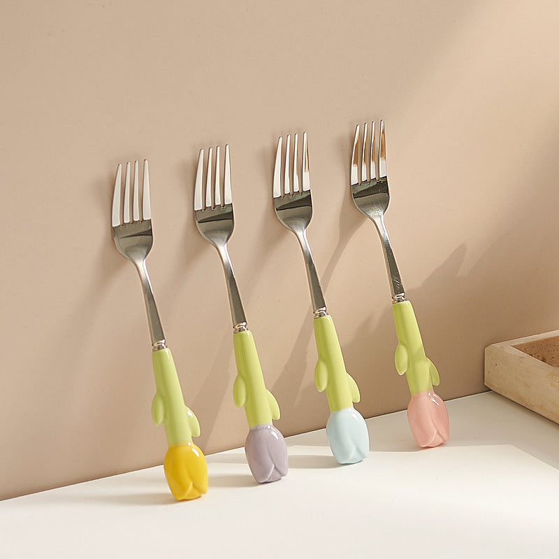 Simple 304 stainless steel kids knife, fork and spoon combination, high-looking spoon, tulip ceramic handle, steak knife