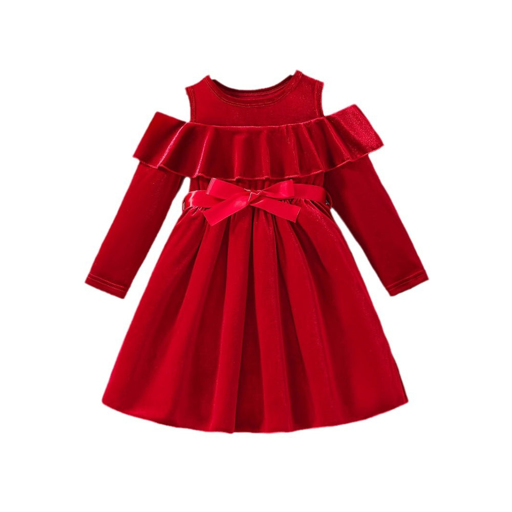 Girls' foreign trade dress - festive red off-the-shoulder design with ruffle trim, velvet fabric, bow accent, autumn/winter long sleeve dress for children
