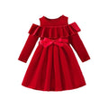 Girls' foreign trade dress - festive red off-the-shoulder design with ruffle trim, velvet fabric, bow accent, autumn/winter long sleeve dress for children
