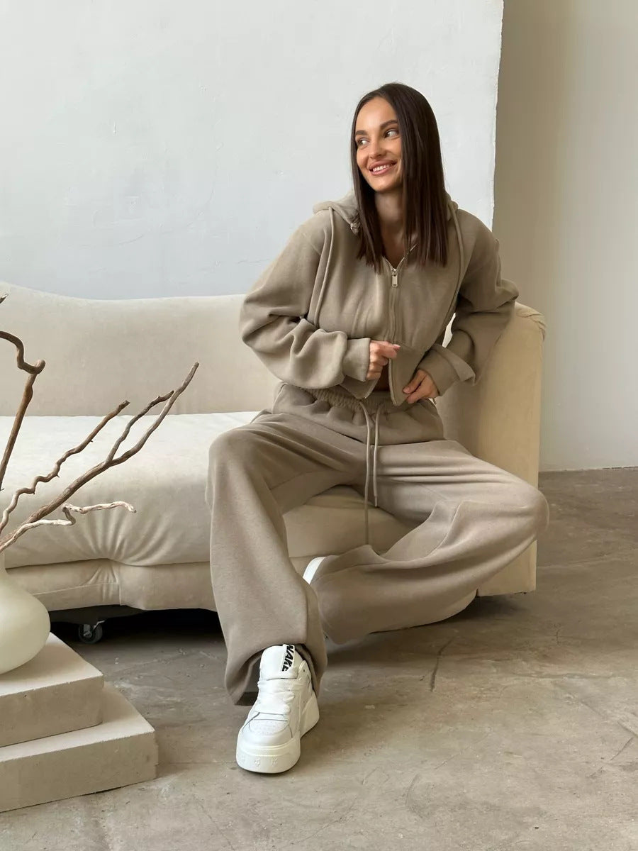 Cross-border European and American women's fashion sports suit solid color long-sleeved zipper hooded cardigan sweater casual pants two-piece set