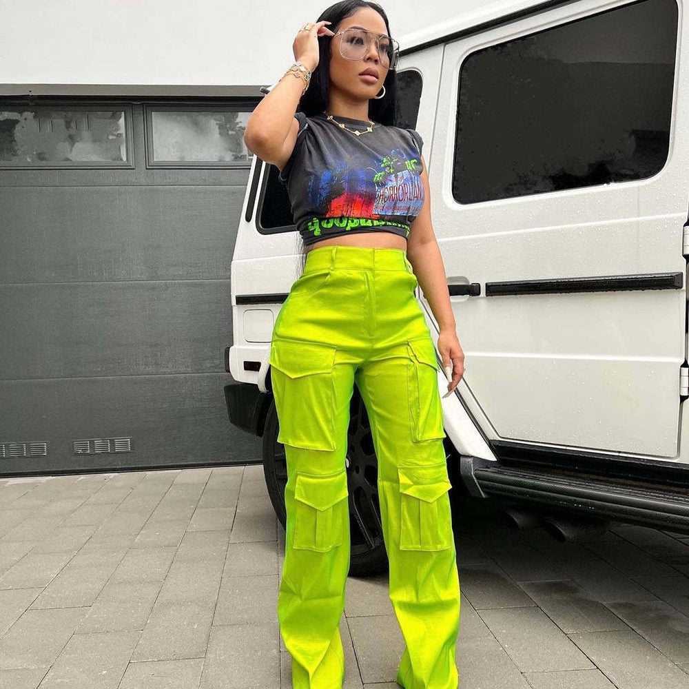 e-commerce source of goods fashionfashioncasual women's pure color multi-flap pocket pantsworkwearpants