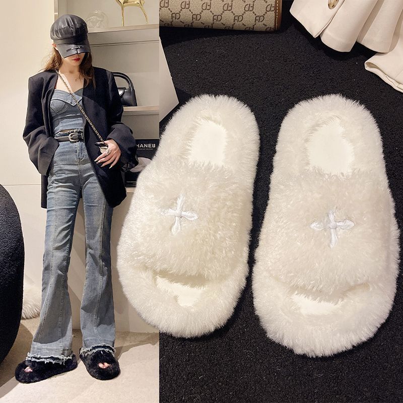 Thick sole heightened fur slippers women's outwear slippers thick sole 2024fall and winter new arrival wool stacked home stuffed slippers