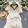 European style fashion set for women - summer design with 3d embossed hooded sleeveless knit top and high-waisted wide-leg shorts