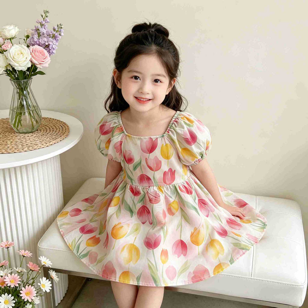 【matching family outfit】girls' tulip floral dress - summer kids' square neck puff sleeve princess style dress