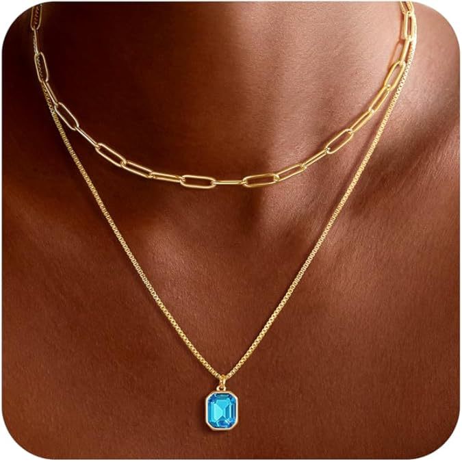 december birthstone double-layered necklace for women rectangular pendant december birthstone 18k real gold plating