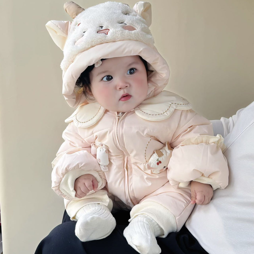 Newborn & infant winter long-sleeve sweet & thickened romper - adorable baby girl cotton outfit for first birthday & extra warm outdoor wear