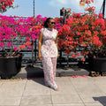 European and american cross-border women's fashion:  spring new arrival - pleated round neck flutter sleeve fashion print wide-leg pants two-piece set
