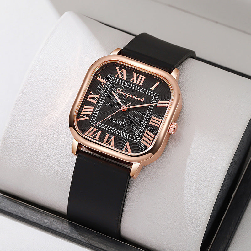 New fashion square women's watch with leather strap, roman numerals, vintage style quartz movement, versatile ladies' watch - wholesale