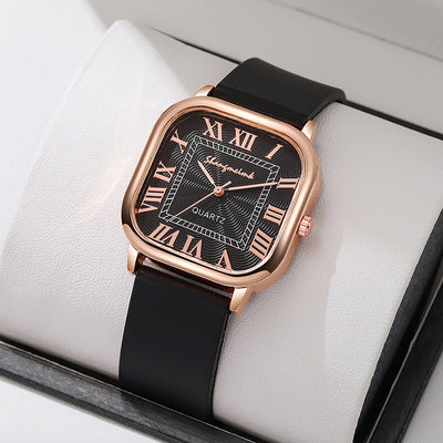 New fashion square women's watch with leather strap, roman numerals, vintage style quartz movement, versatile ladies' watch - wholesale