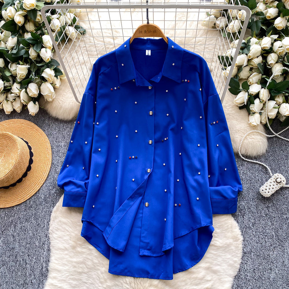 K-stylework clothing style lapel casual beaded shirt women's easiest for matchlong sleeveslooseslimming lookeasiest for matchsense of designtops