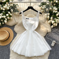 French hepburn style dress women's  summer high-end square neck camisole spliced mesh puffy gown maxi dress