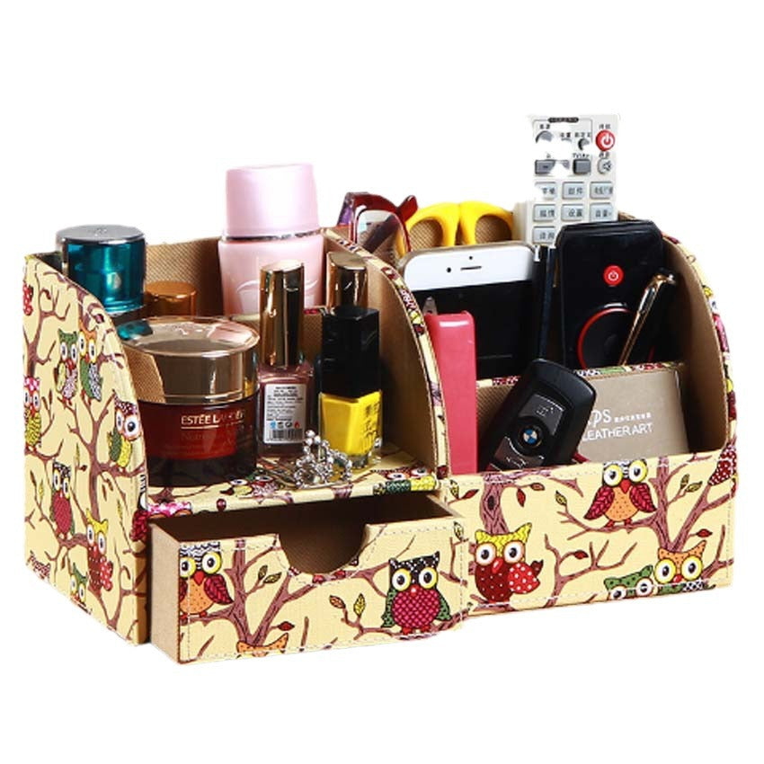 Desktop office storage box Organizer business card box, household with drawer finishing box Creative leather pen holder