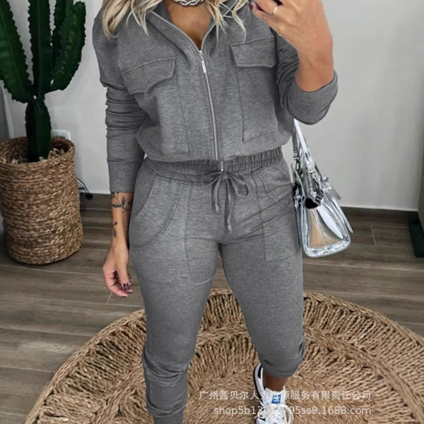 ODS5323 European and American solid color zipper jacket + elastic waist casual pants set (2-piece set)