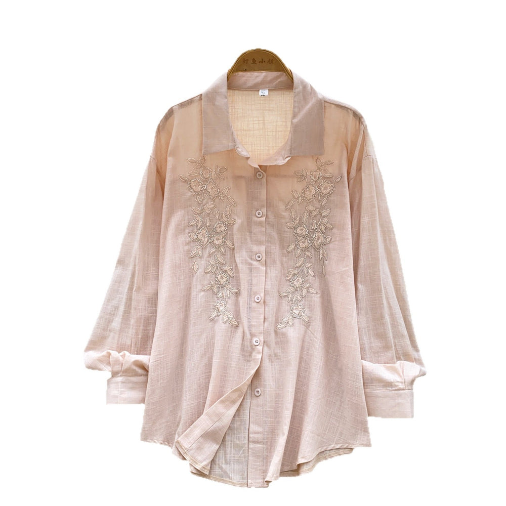 French-style heavy embroidery & rhinestone embellished versatile shirt - women's spring/summer long sleeve loose fit cardigan - commute-friendly all-match top