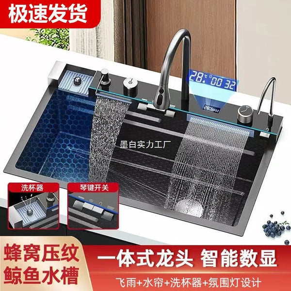 Super thick 6.0 whale flying rain waterfall 304 kitchen honeycomb thickened sink single slot digital display stainless steel vegetable basin