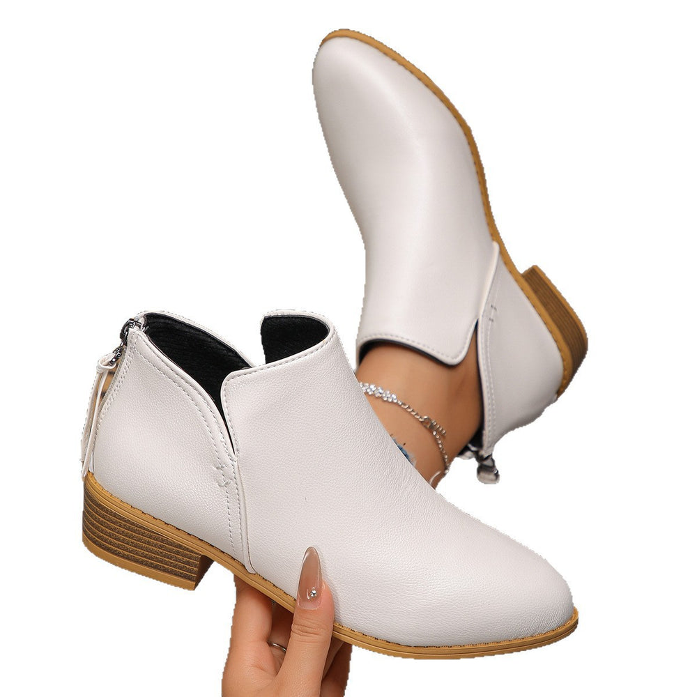 Fashionexportplus size leather boots women's boots pure colorslimming look pointed toe back zipper casualthick sole thick heel boots women's single