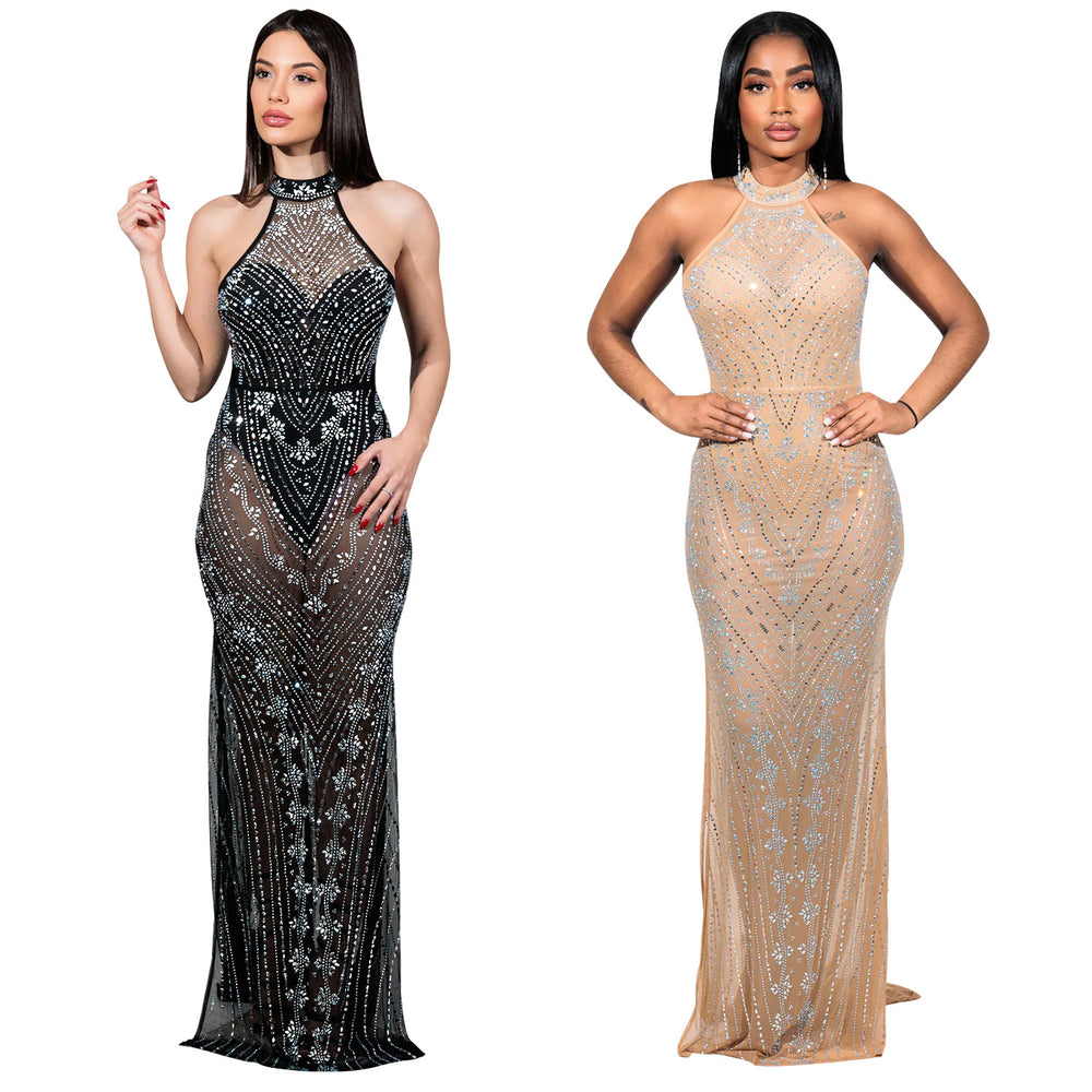 C6957 cross-border   fashion women's sexy mesh rhinestone halter bodycon dress