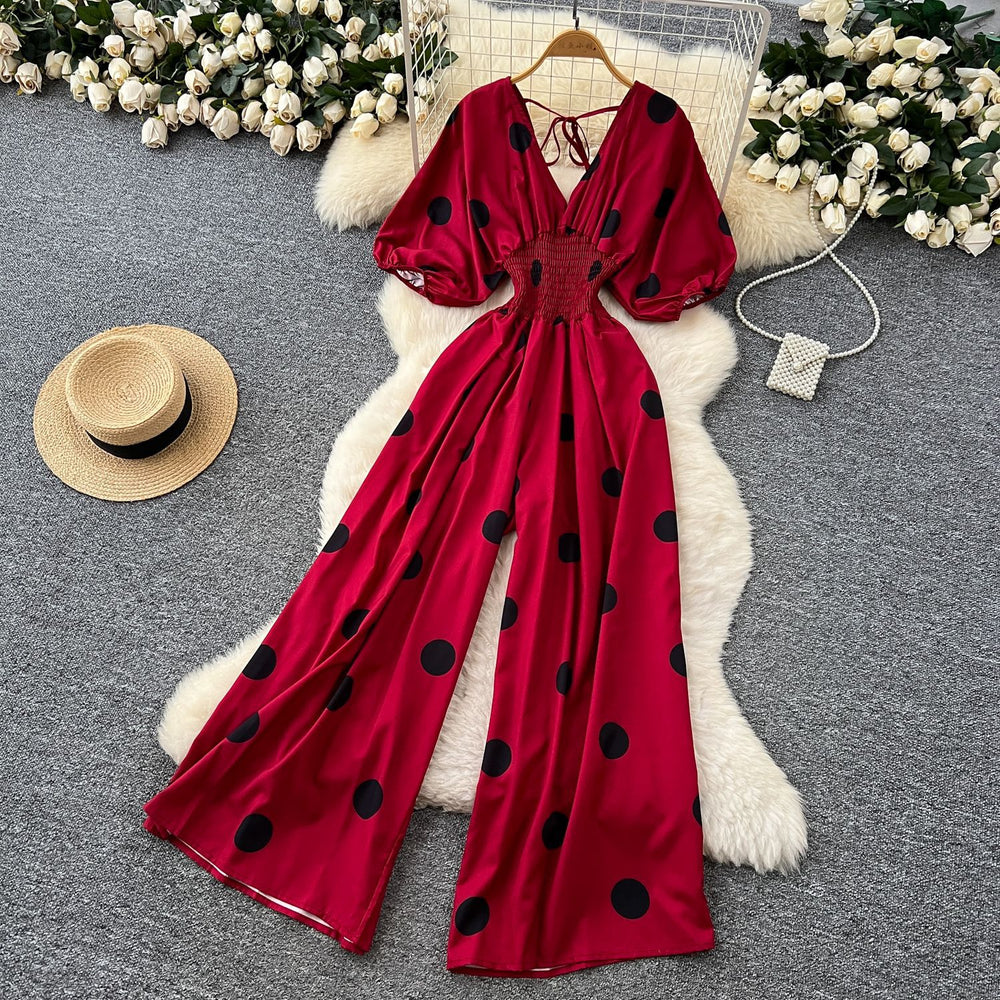 Fashion style polka dot puff sleeve jumpsuit women's summerv neck waist loose wide leg fried street elegant royal sister pants