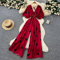 Fashion style polka dot puff sleeve jumpsuit women's summerv neck waist loose wide leg fried street elegant royal sister pants