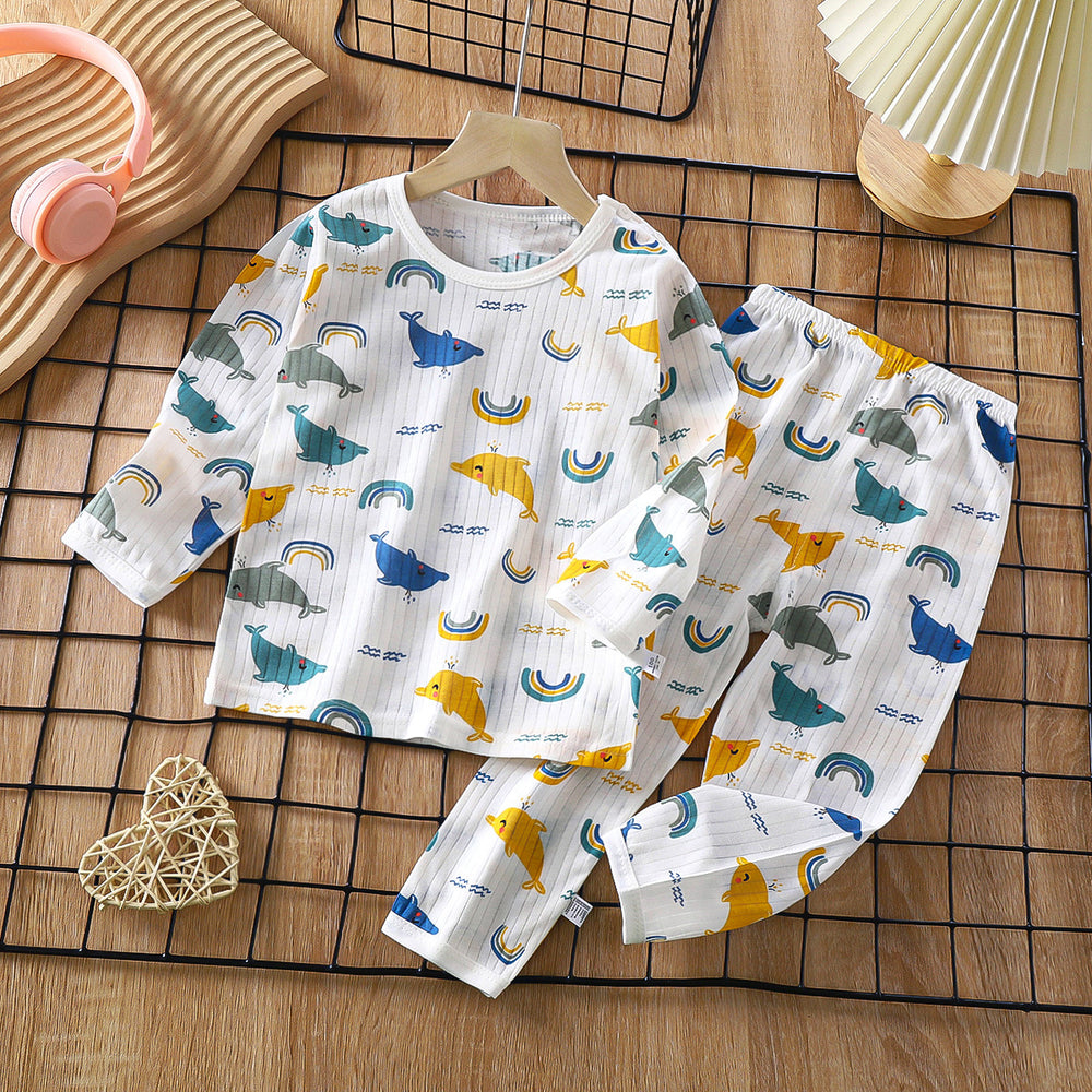 new children's pure cotton pajama set - summer long sleeve sleepwear, lightweight air conditioning suit for boys and girls