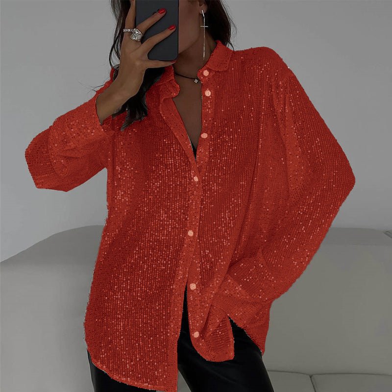 spring/summer new european and american style sequin top, collared long sleeve cardigan, basic cross-border women's blouse jacket