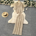 Summer women's gentle style versatile chic hollow-out crochet knit top & high-waisted bodycon midi skirt korean two-piece set