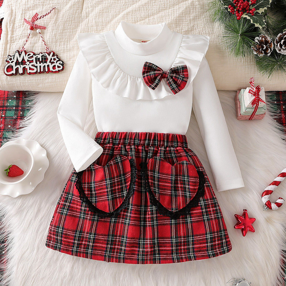 autumn cross-border girls' ruffle collar top + plaid heart patchwork skirt two-piece set