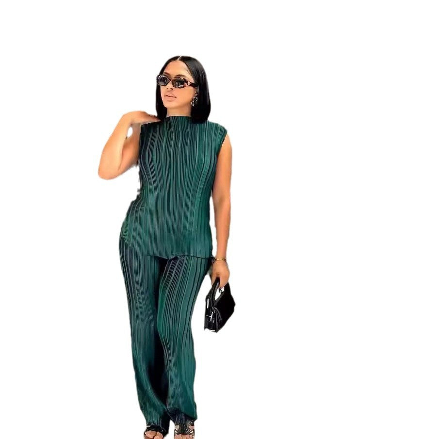 European and american cross-border women's fashion  autumn new solid color sleeveless round neck top slim fit casual wide leg pants set