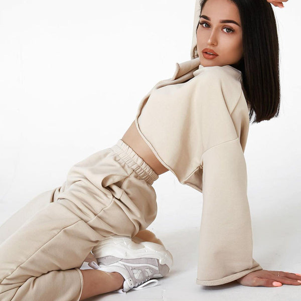 fashion suit 2024 new long-sleeved round neck open navel loose top casual trousers two-piece set