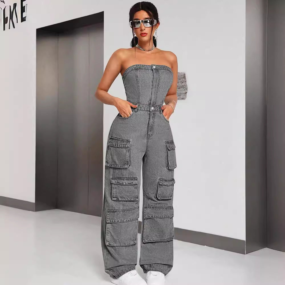 European and american style denim jumpsuit -  cross-border women's fashion hot girl bandeau multi-pocket cargo pants