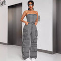 European and american style denim jumpsuit -  cross-border women's fashion hot girl bandeau multi-pocket cargo pants
