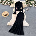 Rich girl style high-end mature woman set: women's autumn flared sleeve knit top + high-waisted fishtail midi skirt