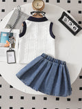 spring/summer new arrival: cross-border girls' textured knit top + a-line denim skirt pants two-piece set