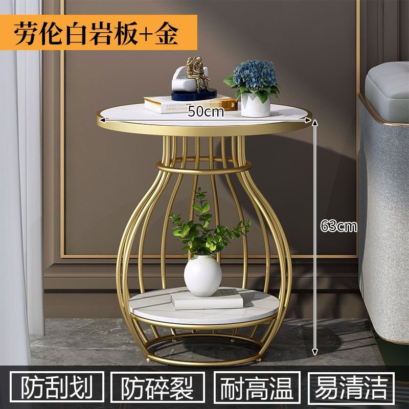 Rock slab small coffee table for home small apartment side table living room balcony round tea table double-layer storage beauty salon small table