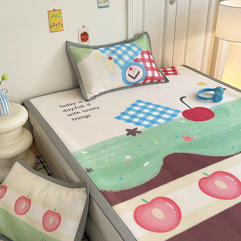 Summer cute ice silk mat three-piece set 1.8 meters single dormitory 0.9 cool silk carbon light foldable soft mat