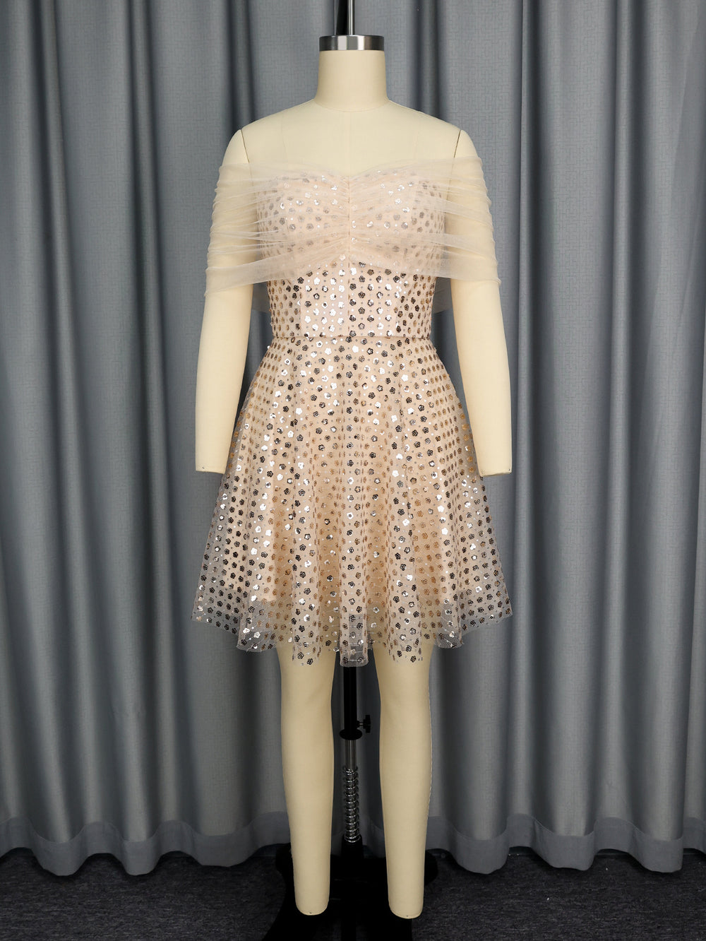 fashionsexytube top evening dress one-line collar off-the-shoulder mesh patchworksequin party dressdress