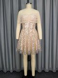 fashionsexytube top evening dress one-line collar off-the-shoulder mesh patchworksequin party dressdress