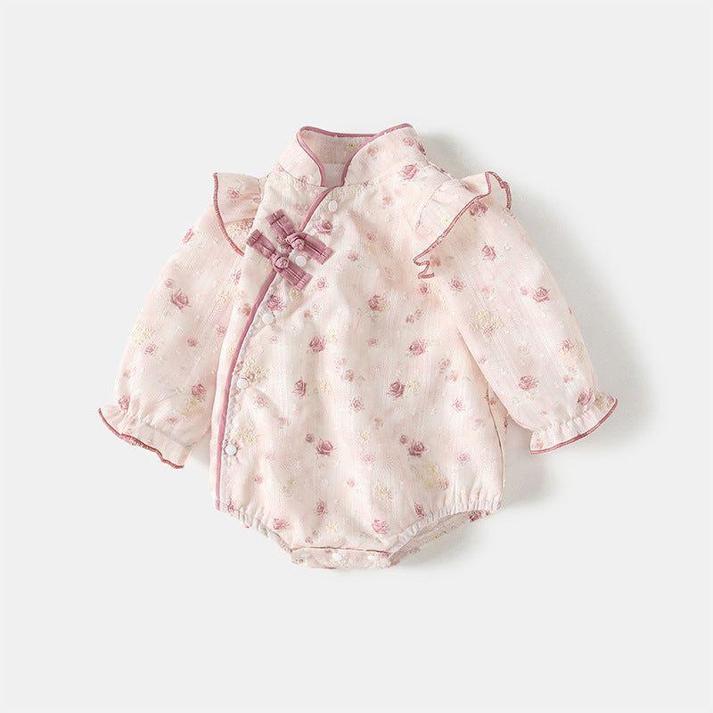 New chinese style baby romper - autumn outfit for baby girls - floral print, frog closures, flutter sleeves, spring/autumn long-sleeve bodysuit