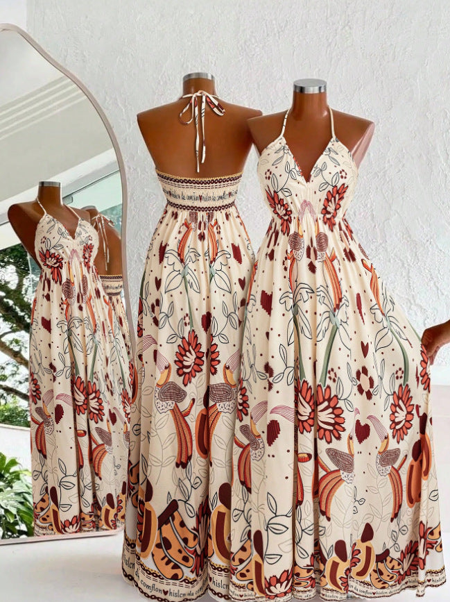 summer fashion casual european and american cross-border spaghetti strap printed v-neck slim-fit in-stock dress - elegant women's apparel