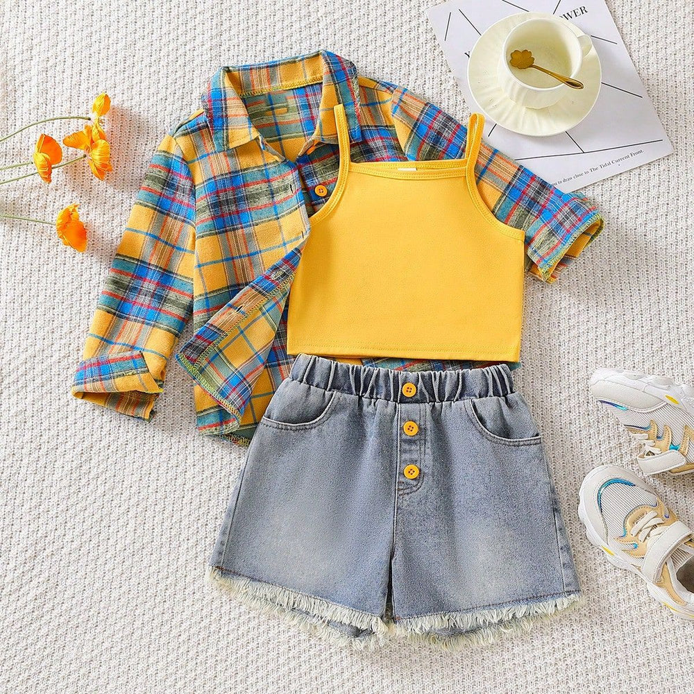 cross-border exclusive lapel plaid shirt camisole + heavy-duty washed beaded jeans three-piece set