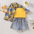 cross-border exclusive lapel plaid shirt camisole + heavy-duty washed beaded jeans three-piece set