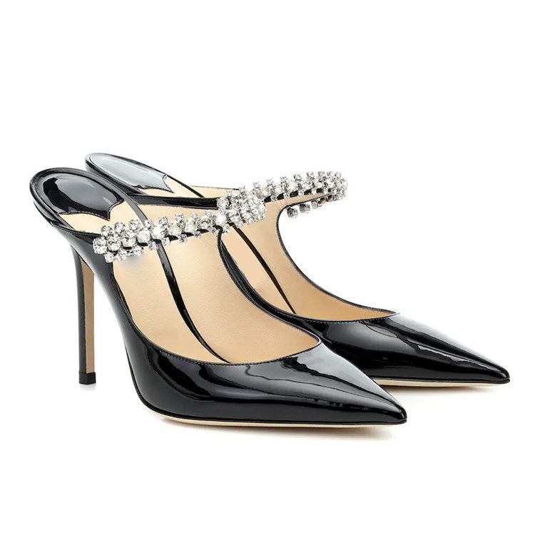 New arrival cross-border fashion one-strap super high-heeled sandals black pointed toe rhinestone high heels shallow mouth stiletto heels