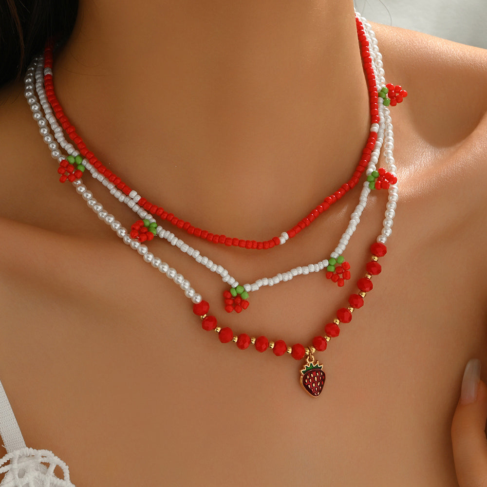 Pearl necklace set wholesale - new european and american cross-border jewelry - strawberry pendant, fresh & delicate polymer clay seed bead necklace for women