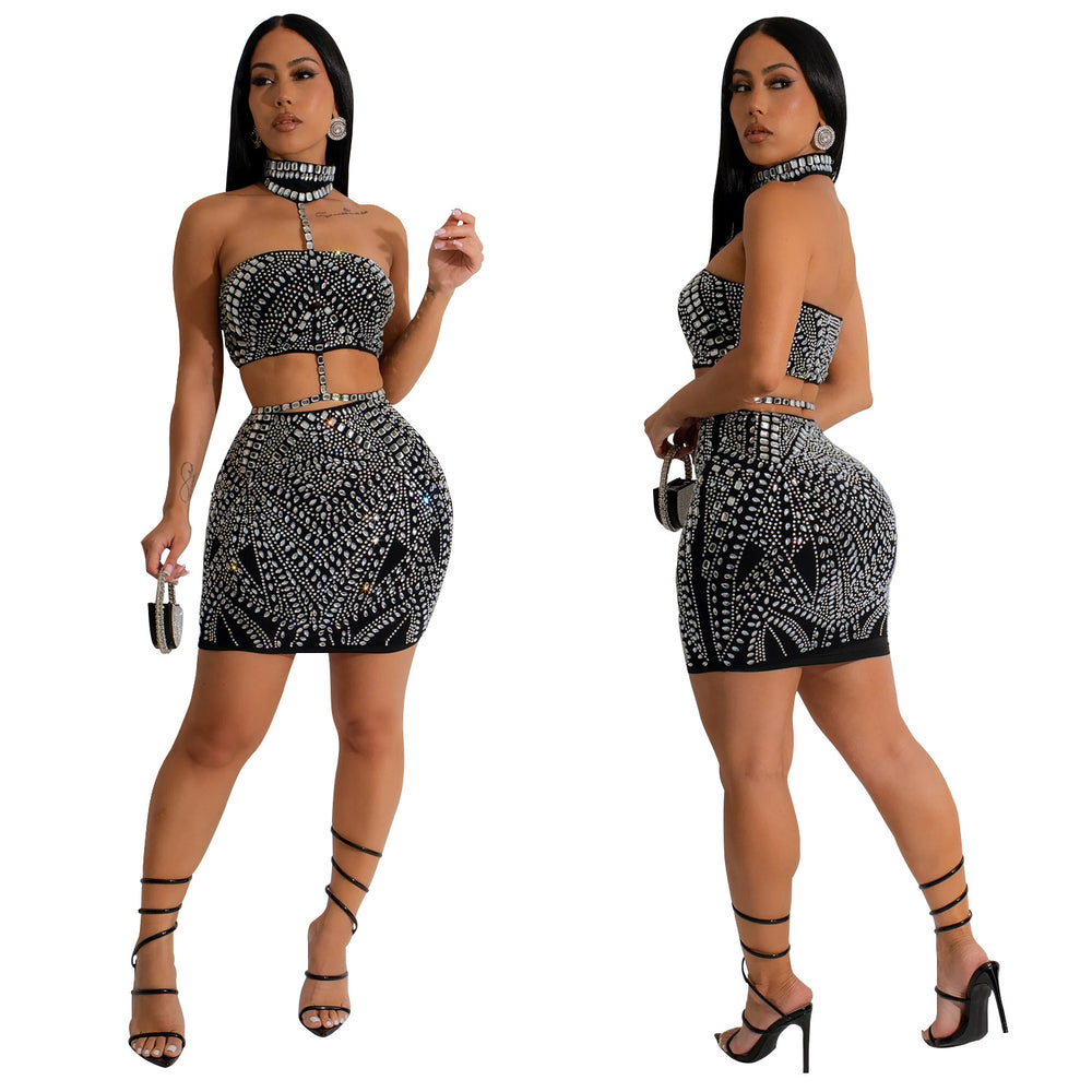C6977 cross-border   independent station fashion fashion women's sleeveless suspender hot diamond suit skirt for women