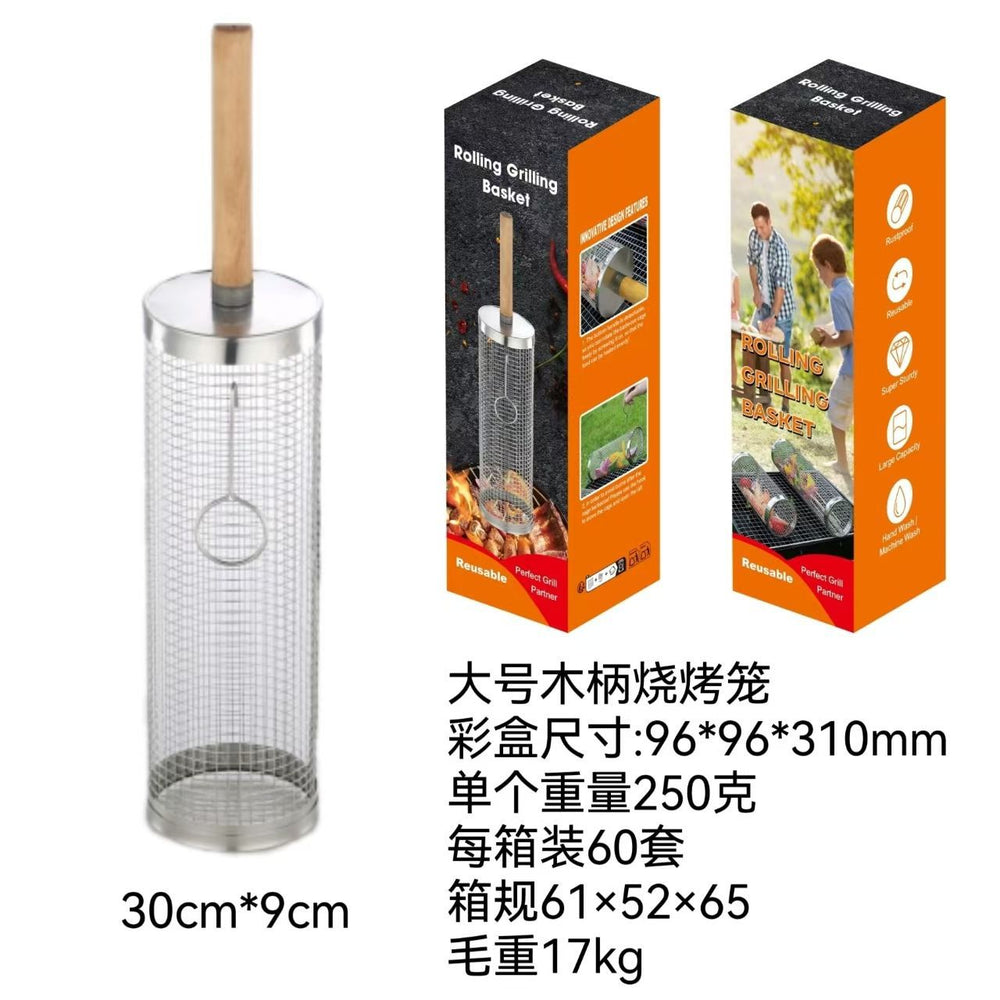 wholesale roasting cage stainless steel barbecue cage outdoor portable camping style picnic barbecue grill rotating rolling barbecue net