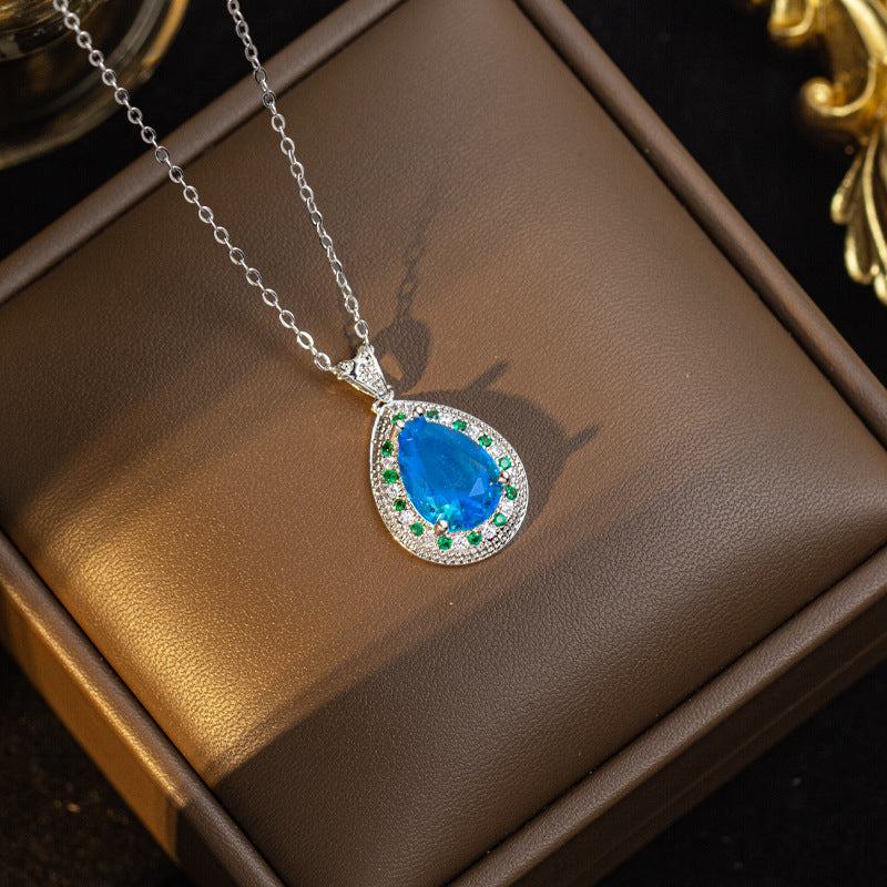 【titanium steel】new blue zircon teardrop luxury necklace and earring set, micro-paved personalized elegant stud earrings and necklace jewelry
